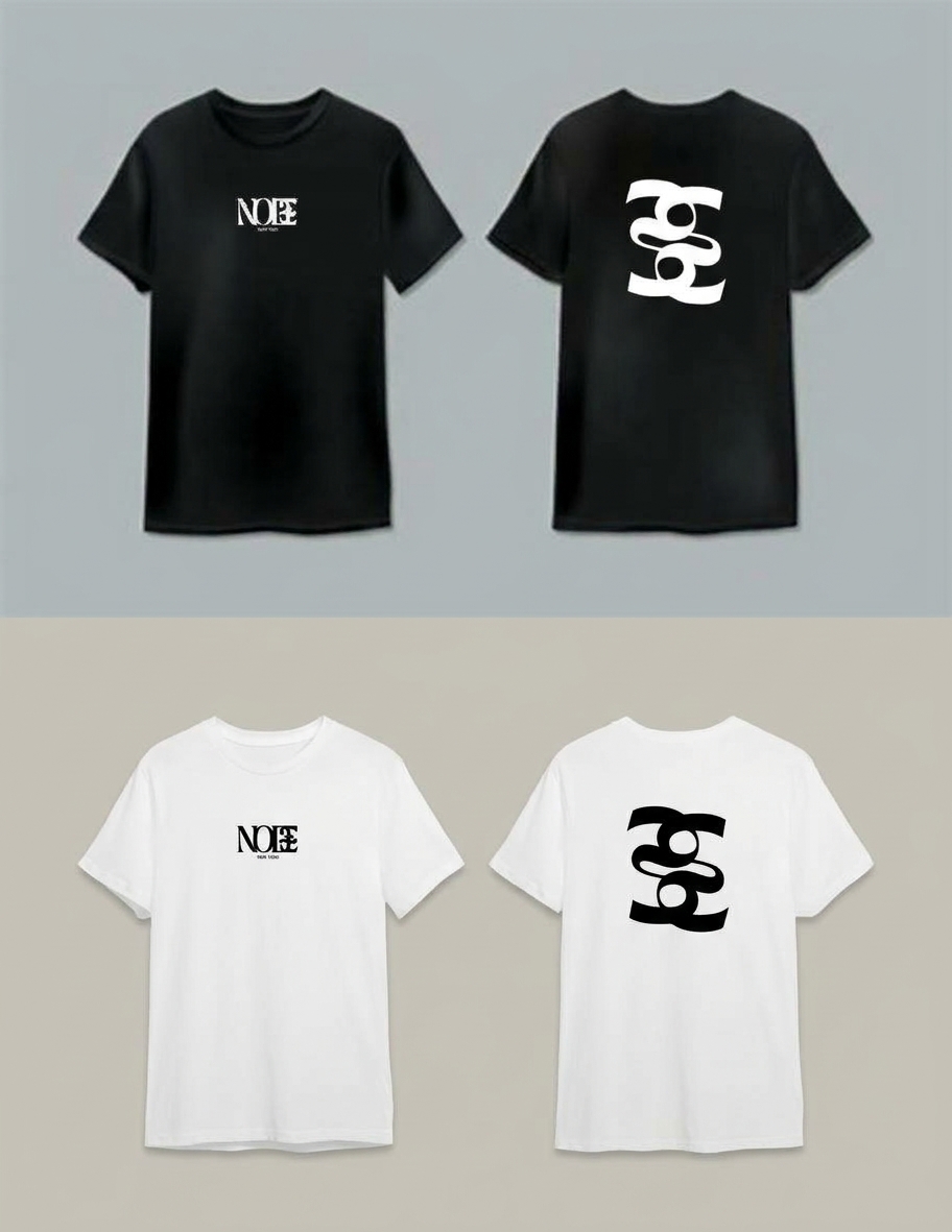 T-shirt Node Boutique bianca e nera, viste davanti e dietro